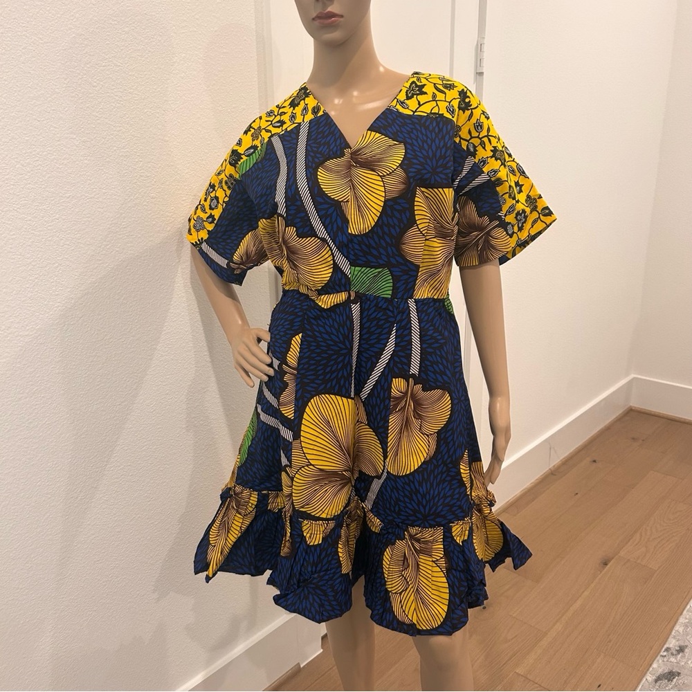 African Floral Print V-Neck Dress. New